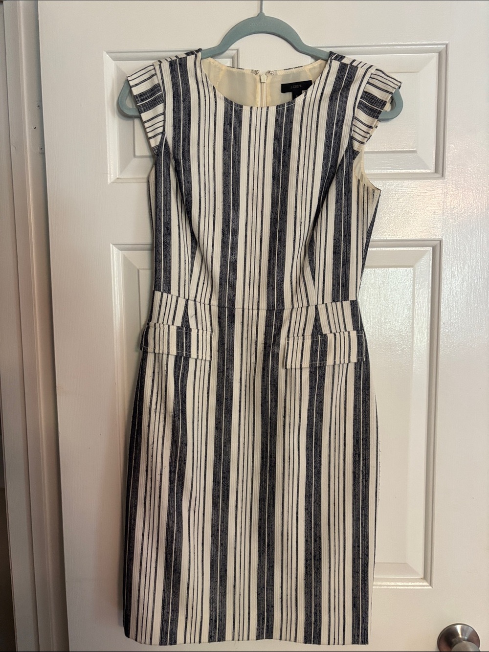 J. Crew Dark Navy and White Striped Cap-Sleeve Sheath Dress